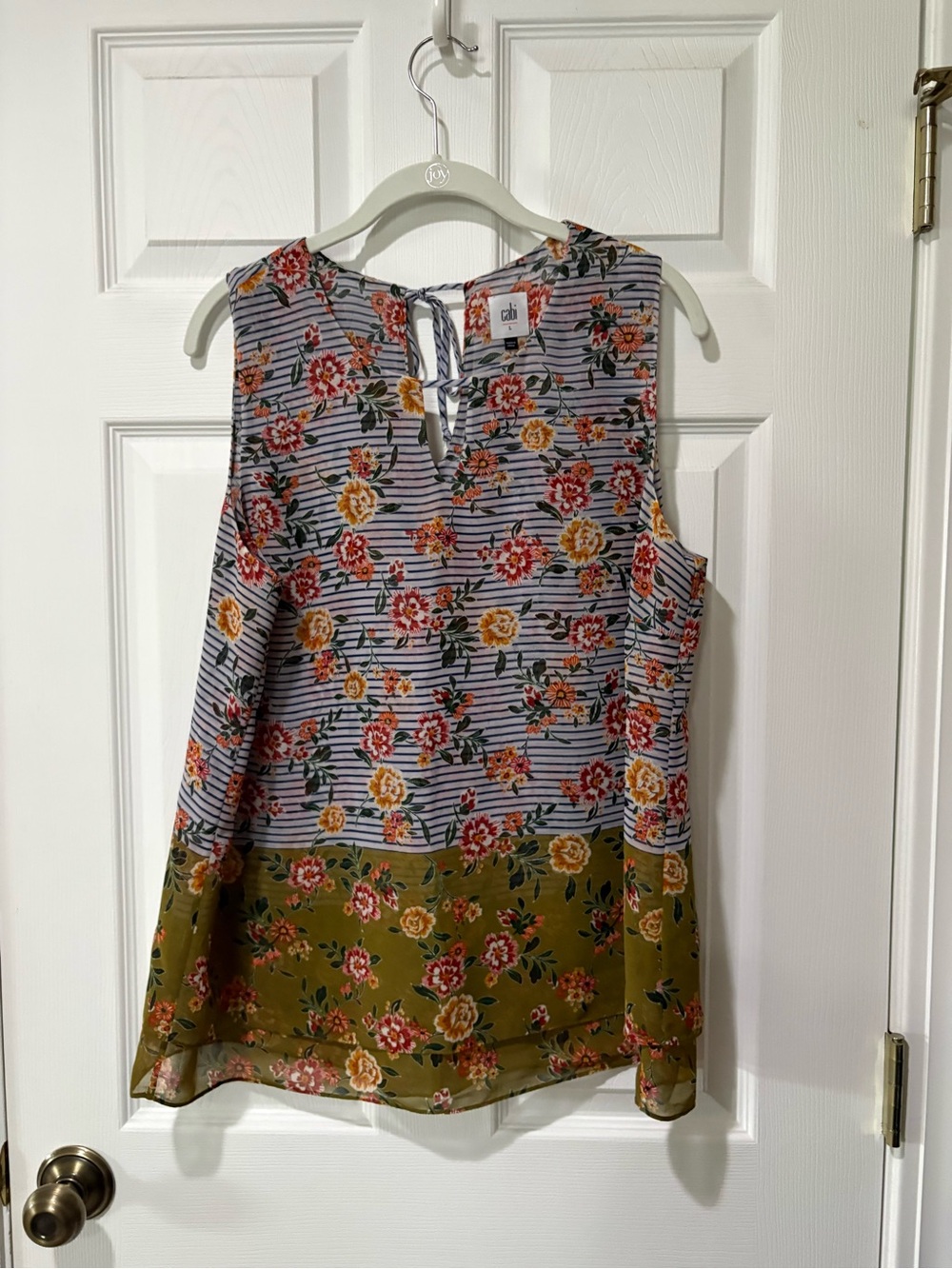 CAbi Floral Sleeveless Tie-Back Top in Olive & Multi-Stripe